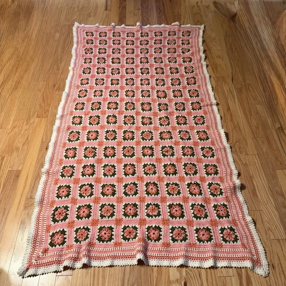 Vintage Crochet 3D Rose Flower Granny Square Blanket Afghan Pink Green 45x86 Bed